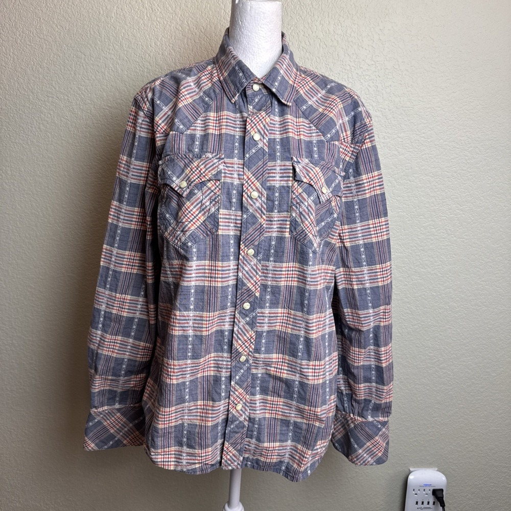 True Religion Men's Plaid Pearl Snap Western Button Up Shirt Gray Orange M